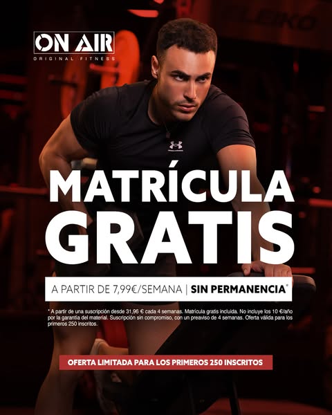 ON AIR LLEGA A MÁLAGA... 👀

¡Matrícula gratis por la preapertura! 😍

A partir de 7,99 €/semana.

✅ Suscripción sin permanencia.

📲 Apertura pronto – Apúntate en bio 📍
#onairfitness #gimnasio #musculacion #fitness #comingsoon