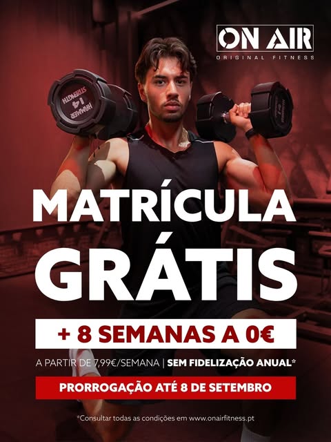 Alargamos a melhor oferta!
Prolongamos a Matrícula grátis + 8 semanas a 0€ até 8 de setembro 🔥
Este setembro voltas, sim, mas voltas a treinar na ON AIR Fitness
Desta vez não a deixes passar.
O regresso à ON AIR começa agora 💪🏼