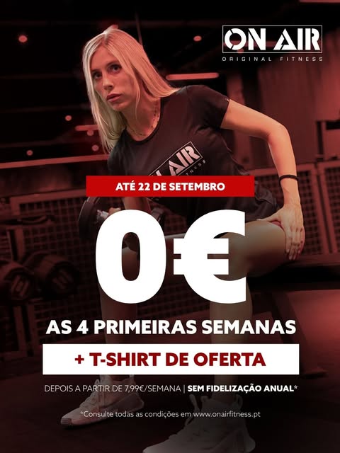 Voltam os engarrafamentos. Volta a agenda cheia. Volta a rotina.
E este setembro, o regresso à ON AIR vem com farda e com uma oferta que não podes deixar passar.

DE 9 A 22 DE SETEMBRO:
✅AS PRIMEIRAS 4 SEMANAS A 0€
🎁T-SHIRT ON AIR GRÁTIS (unidades limitadas)

Treina sem desculpas, com todo o equipamento, e descobre a experiência ON AIR.🔥

Oferta válida apenas de 9 a 22 de setembro. Corre a garantir a tua t-shirt.

Inscreve-te na bio👆🏼